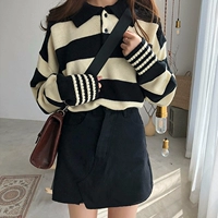 Mùa xuân của phụ nữ Hàn Quốc phiên bản của hoang dã hit màu sọc áo len lỏng dài tay áo thun áo len đáy áo sơ mi sinh viên áo sơ mi áo kiểu trung niên