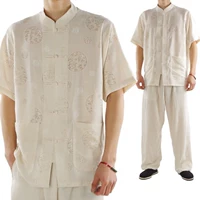 Tang phù hợp với phù hợp với bông và vải lanh Trung Quốc ngắn tay mùa hè người đàn ông trung niên của quốc gia trang phục mùa hè ăn mặc Tai Chi thực hành quần áo bộ thổ cẩm