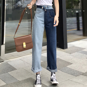 Han Fan hoang dã giản dị khâu đơn giản màu sắc tương phản jeans nữ đầu mùa thu mới cao eo lỏng mỏng thẳng quần quần short rách