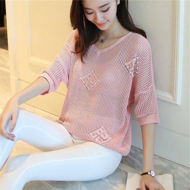 Mùa hè 2017 mới nữ loose hollow áo len phần mỏng kem chống nắng tay áo áo nữ bat áo sơ mi ngắn tay áo