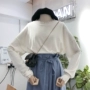 Hàn Quốc ulzzang2018 mùa thu mới sang trọng cổ áo thả vai tay áo áo sơ mi hoang dã phần mỏng là áo len mỏng phụ nữ áo kiểu nữ đẹp