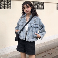 Đầu mùa thu của phụ nữ Hàn Quốc phiên bản của loose hoang dã cạnh ripped denim áo khoác ngắn dài tay giản dị cardigan jacket jacket áo măng tô nữ