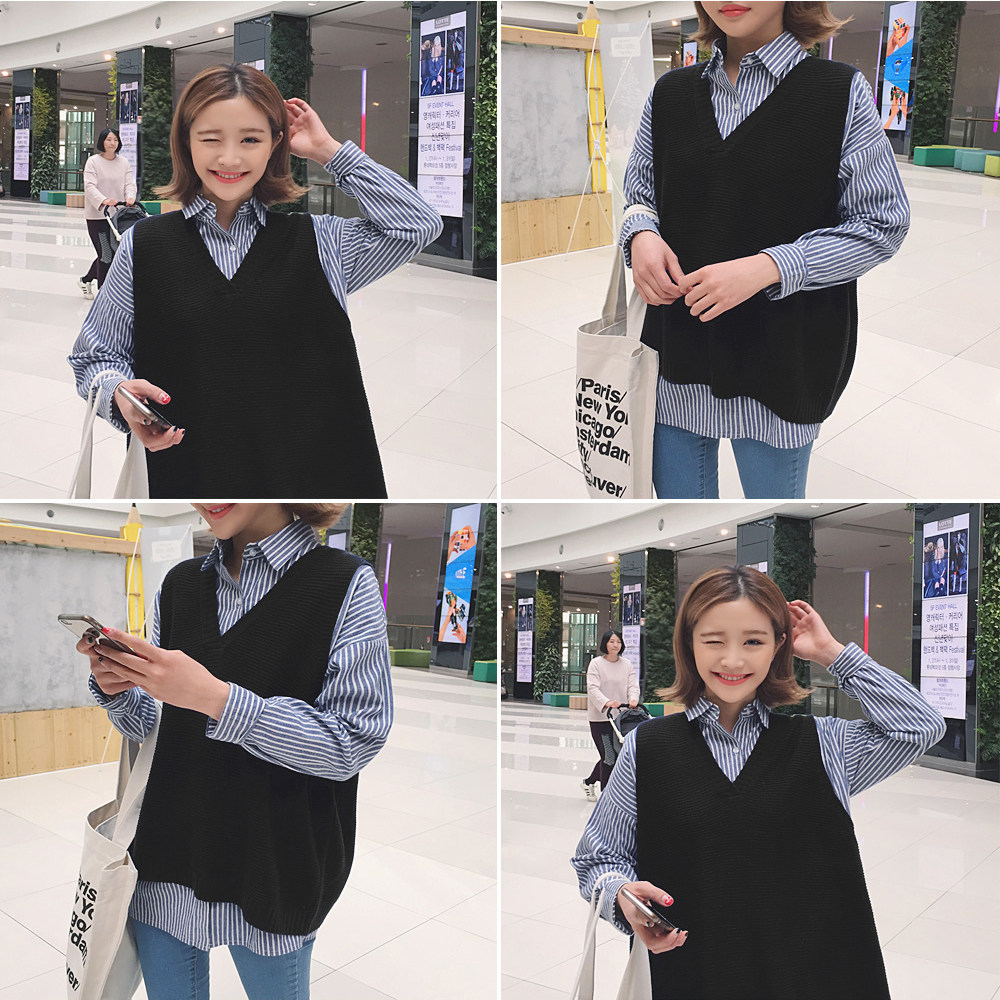 Hàn quốc phiên bản của ulzzang mùa xuân màu rắn hoang dã không tay áo thun áo len vest nữ v-cổ cao đẳng gió áo sơ mi hai mảnh