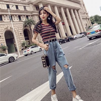 Весенний модный трикотажный комплект, трикотажные джинсы для отдыха, в корейском стиле, городской стиль, высокая талия