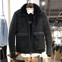 Áo khoác da mùa đông 2018 màu đen 8005 nam cổ lông cừu áo khoác nam có mũ