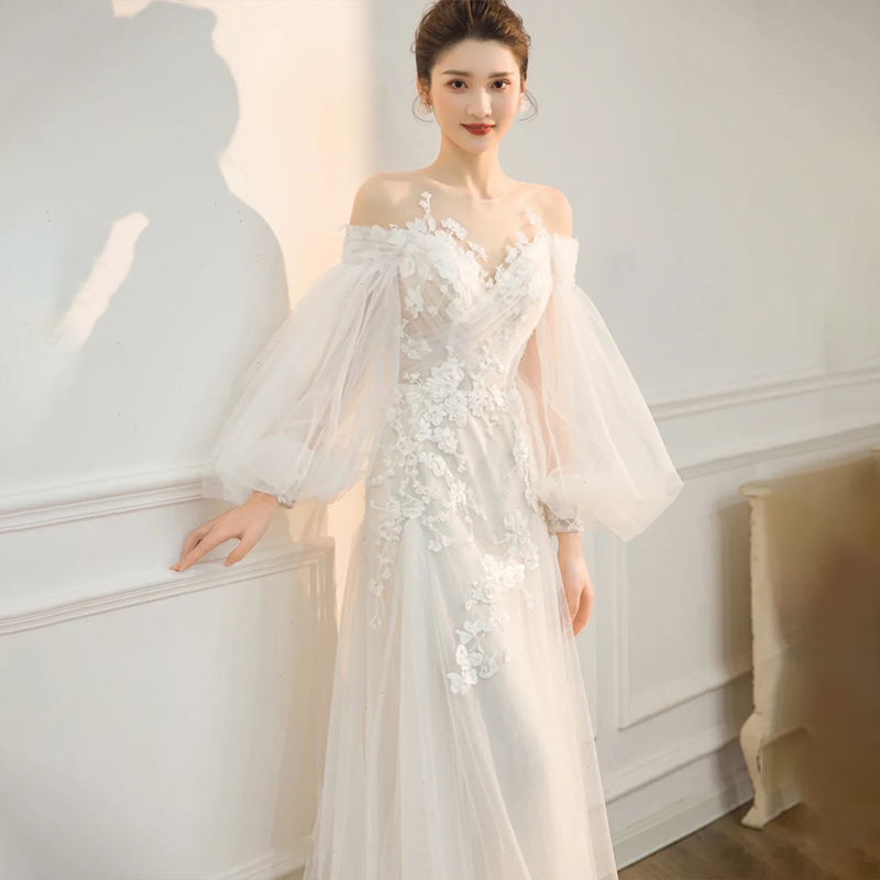 Wedding dress for bride, evening dress for princess, long sleeve, open shoulders