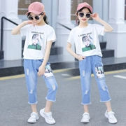 Cô gái mùa hè 2019 mới Hàn Quốc ngắn tay nước ngoài trẻ em lớn quần short denim hai mảnh giản dị - Quần jean