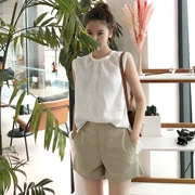 Hàn Quốc ins vui tươi trở lại bow tie tay áo + đơn giản đa năng rắn màu mỏng quần short phù hợp với phụ nữ