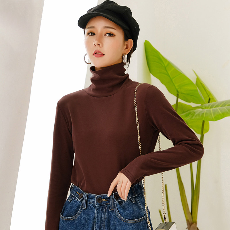 高领加绒打底衫女秋冬季加厚新款内搭长袖t恤纯棉堆堆领修身上衣