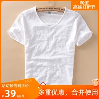 Тонкая бамбуковая хлопковая японская приталенная футболка с коротким рукавом для отдыха, V-образный вырез