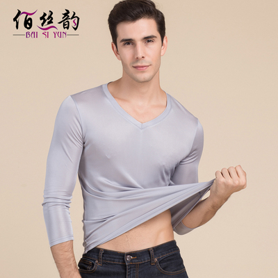 佰 丝 韵 mùa thu mới lụa đôi đan V-cổ đáy áo sơ mi nam lụa phần dày dài tay T-Shirt top Áo phông dài