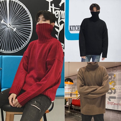 Mùa đông cao cổ áo len nam Hàn Quốc phiên bản của xu hướng của sinh viên phong cách Harajuku Nhật Bản retro bến cảng bf rắn màu loose áo len