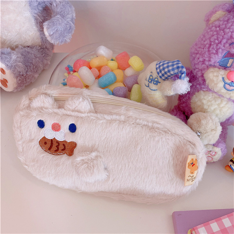 Beige Dudu Cat Plush Pencil Casehairy lovely Pig pig Rabbit animal modelling high-capacity Primary and middle school students Stationery Storage Pencil case Zipper bag