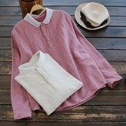 3866 new size mùa thu mới của phụ nữ Nhật Bản hoang dã organza ve áo dài tay áo sơ mi cotton - Áo sơ mi dài tay