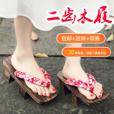 taobao agent Free shipping women's Japanese wooden mulberry two -toothed high wood bottom holiday beach angle showing high slippers wooden drag mop