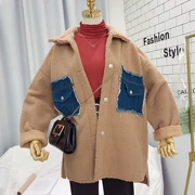Mùa thu đông 2018 phiên bản mới của Hàn Quốc của khâu túi denim đoạn ngắn lông cừu lông thú hoang dã áo khoác ngắn học sinh