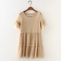 8972 váy mùa hè mới Hàn Quốc ren khâu cổ tròn gỗ tai một từ váy nữ ngọt ngào đôi váy đầm xòe dài