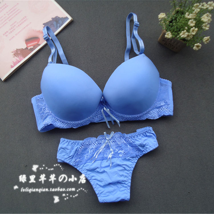 Sky BlueBig size Fat mm sexy Lace Sweet Thin Gather together Underwear summer lovely girl Gather together Bra Set  75D