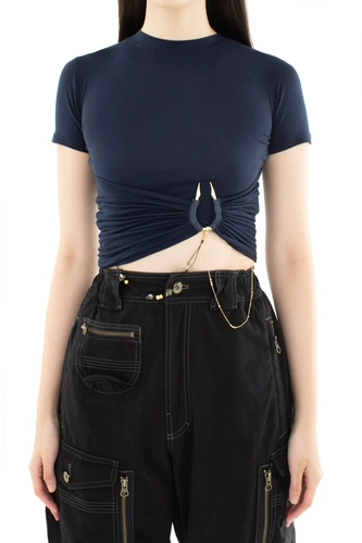 Летняя приталенная цепь с круглым воротником, футболка, 2023, высокая талия