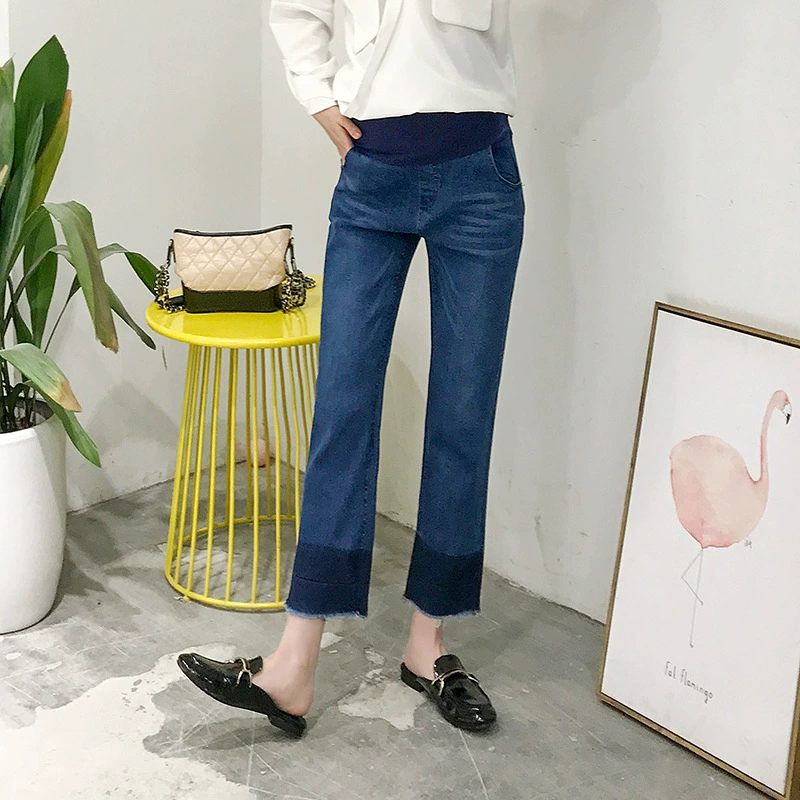 Quần áo bà bầu xuân hè thời trang bà bầu thẳng quần jeans quần bụng trẻ em quần chín điểm quần mỏng co giãn thoải mái màu sắc phù hợp - Phụ nữ mang thai quần / quần bụng