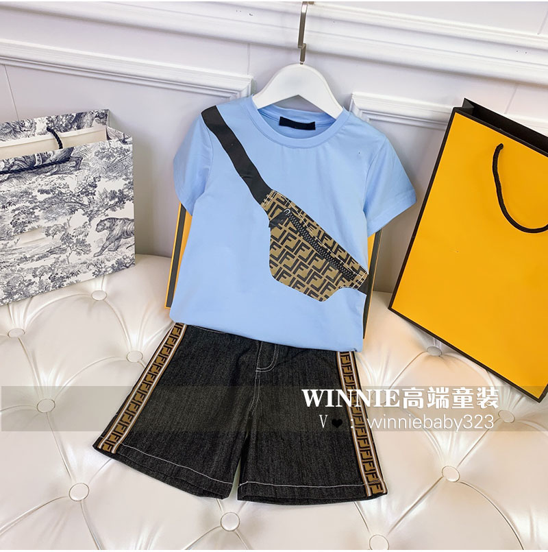 Blue T + Shortshigh-end Children's wear customized children summer wear Boy FF letter Satchel pure cotton Short sleeve T-shirt + shorts leisure time suit