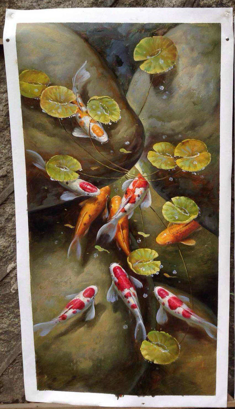 手绘油画九鱼图装饰画客厅玄关挂画竖幅