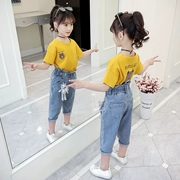 Áo thun bé gái màu vàng 9 hè 2019 mới 7 tay áo ngắn 11 phiên bản Hàn Quốc 8 bé gái 6 cotton 5 gas ngoại 12 tuổi Quần áo trẻ em - Áo thun