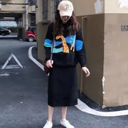 Áo len nữ mùa thu Hàn Quốc Phụ nữ có đệm rộng + Váy cao eo thon dài Váy hai dây