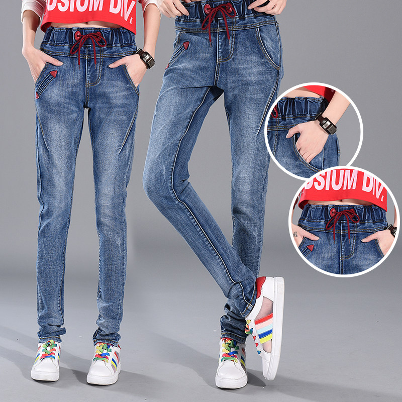 Mùa xuân mới cao eo jeans của phụ nữ quần đàn hồi eo cộng với chất béo kích thước lớn lỏng thường quần hậu cung chân quần