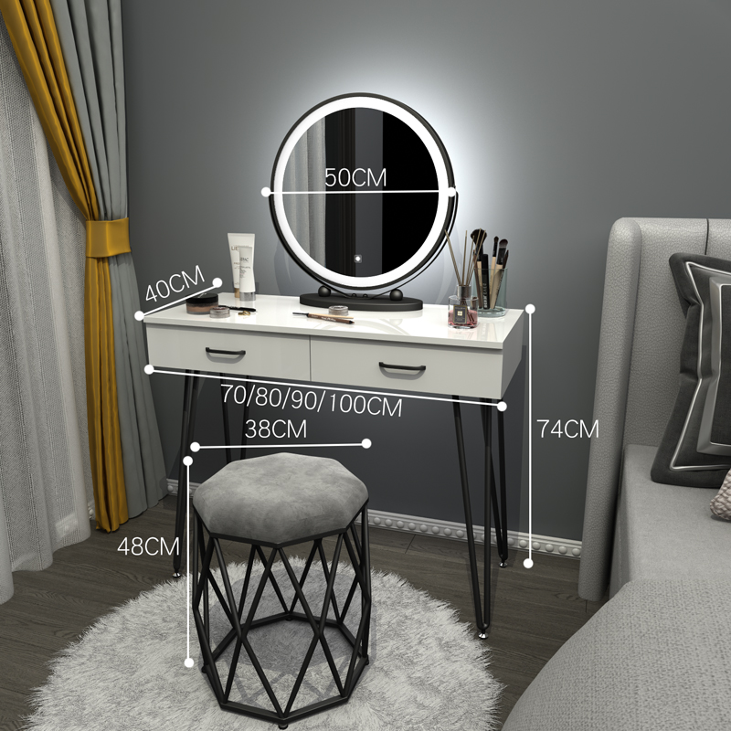 Black Iron Art 70 Table + Three Color LED Mirror + ChairNorthern Europe dresser bedroom Internet celebrity Ins wind Modern simplicity Large-sized apartment Dressing table female small-scale dresser With lamp