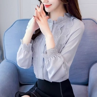 Áo voan dài tay nữ mùa thu 2019 mới sóng thời trang Hàn Quốc áo sơ mi ren họa tiết hoang dã. - Áo sơ mi chiffon ren áo trắng sơ mi nữ