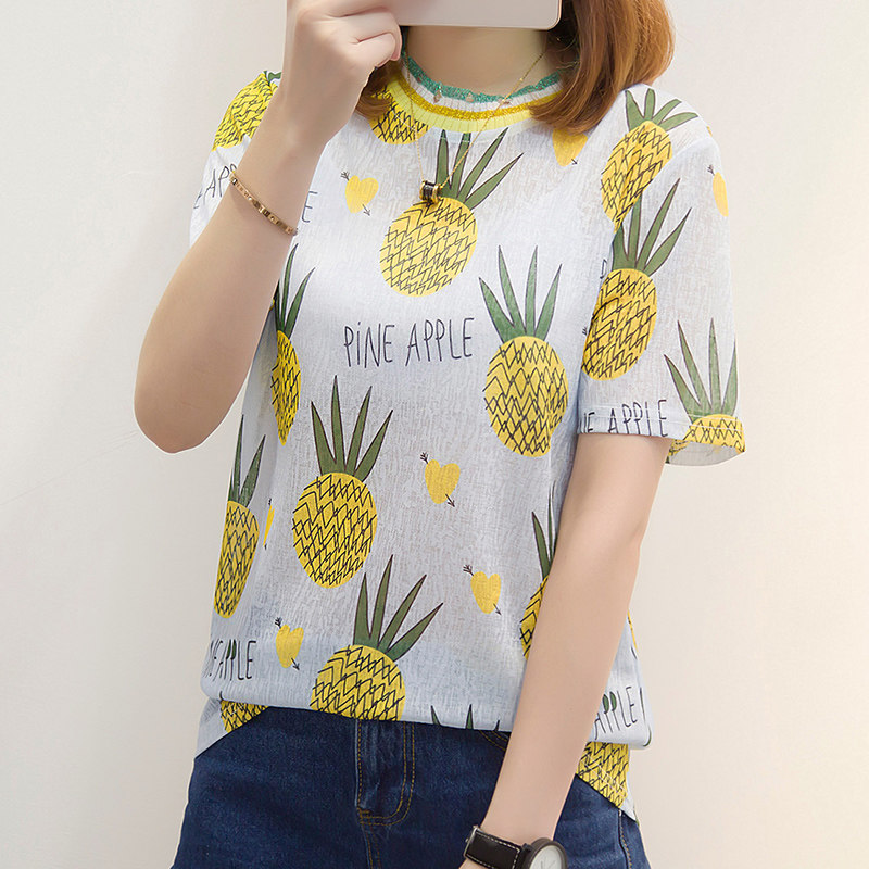 8035实拍菠萝印花体恤宽松圆领短袖t恤女夏季2018新款ins超火上衣