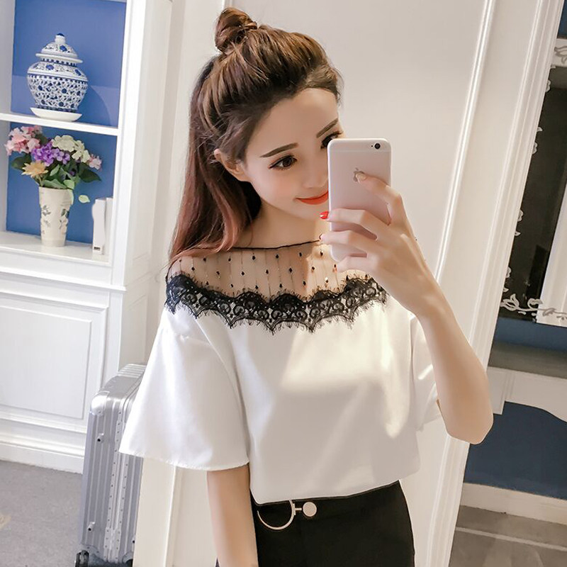 Mùa hè áo thun voan nữ 2018 mới của Hàn Quốc phiên bản của lỏng quanh cổ lưới khâu ren cạnh ngắn tay áo triều