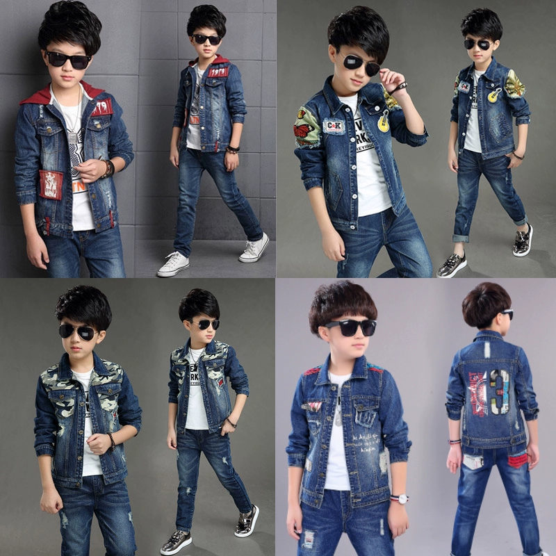 Bộ đồ bé trai denim đẹp trai mùa thu 2019 Quần áo trẻ em mới 12 trẻ em lớn hơn 15 tuổi Trẻ em mùa xuân và mùa thu quần áo thủy triều - Phù hợp với trẻ em