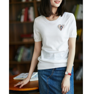 の [ZY158124MG] 爱心 涵 阁 超 萌 爱心 Đính cườm lụa len màu đan áo thun 2018 mùa hè