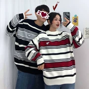 Mùa xuân và mùa thu mới 2019 phiên bản Hàn Quốc của phim hoạt hình thêu lỏng phong cách Harajuku cặp đôi sinh viên sọc áo len cổ tròn áo len nữ - Đan Cardigan