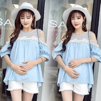 Thai sản váy mùa hè phù hợp với thời trang giả hai ngắn tay quây denim váy + quần short triều mẹ mang thai phù hợp với shop đầm bầu hàn quốc