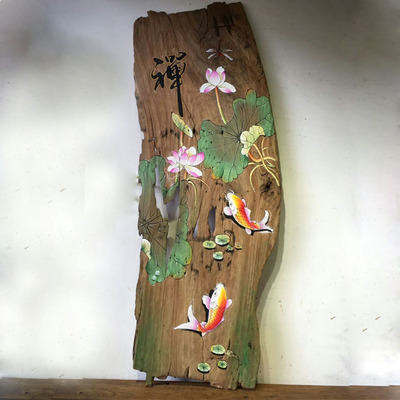 风化木板画挂画老樟木荷花鲤鱼手绘画客厅装饰画漆画会所无框壁画