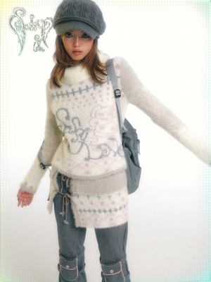 taobao agent Sassylove 23aw creamy gray original fun print imitation mink woolen warm knitted autumn and winter sweater