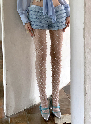taobao agent CNORAHK niche white pearl bow design net socks sexy hot girl pantyhose base socks