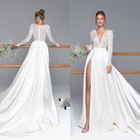 Sexy High Slit Satin Wedding Dresses Beading A Line Long Sle