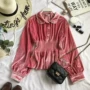 Áo sơ mi 2019 mùa thu mới của thời trang Hàn Quốc áo sơ mi nữ dài tay màu hồng nhung - Áo sơ mi dài tay 	áo sơ mi cổ trụ nữ dài tay	