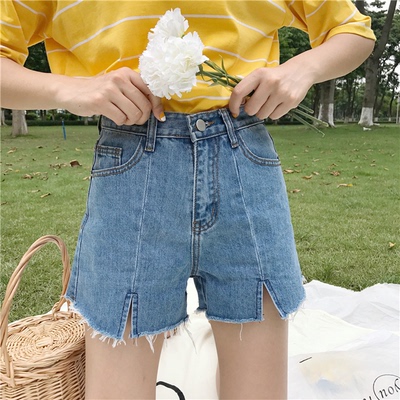 Mùa hè mới của Hàn Quốc phiên bản của hoang dã cao eo là mỏng và dày cạnh chia rộng quần chân sinh viên denim lỏng quần short của phụ nữ nóng quần