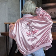 Pilot áo khoác BF lỏng satin hồng thêu phim hoạt hình đồng phục bóng chày nữ mùa xuân và mùa thu áo ngắn sinh viên Hàn Quốc