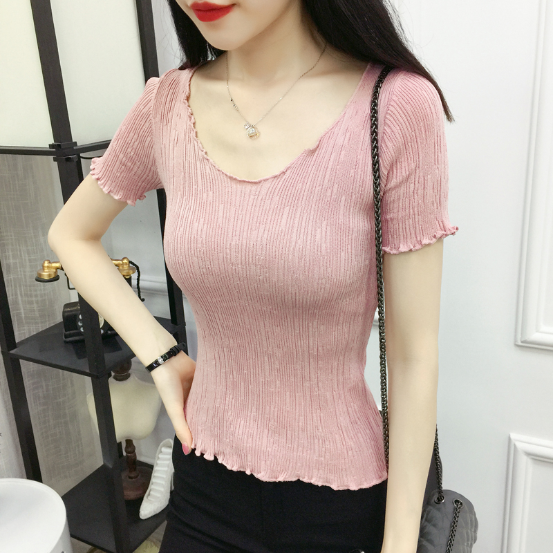Mùa xuân và mùa hè mới của Hàn Quốc phiên bản của màu rắn vòng cổ bằng gỗ tai ngắn tay áo len hoang dã Slim nửa tay áo sơ mi đáy áo