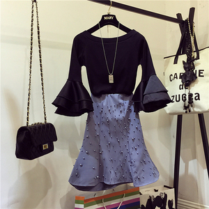 2018 trạm Châu Âu chic đầu mùa thu ladies 'từ cổ áo siêu cổ tích áo sơ mi khí đính cườm đuôi cá váy nữ thần phù hợp với