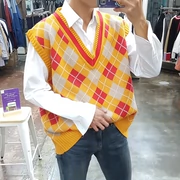 Hàn Quốc Dongdaemun quần áo nam mua thời trang pha trộn màu kim cương sọc chữ V cổ lỏng đan áo vest