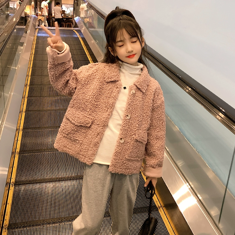 Áo khoác bé gái mùa thu đông 2019 phiên bản nước ngoài mới của Hàn Quốc cho trẻ em lớn cộng với áo len lông cừu dày nhung - Áo khoác