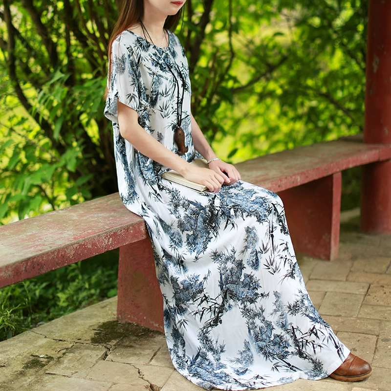 Bông và vải lanh in váy phụ nữ mùa hè mới phong cách Trung Quốc cổ điển áo choàng dân tộc cải tiến váy sườn xám - Váy dài