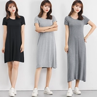 Mùa hè Modal dress kích thước lớn hoang dã ăn mặc với mỏng nữ chất béo MM váy mùa xuân ngắn tay áo đáy váy đen váy eo nhún	